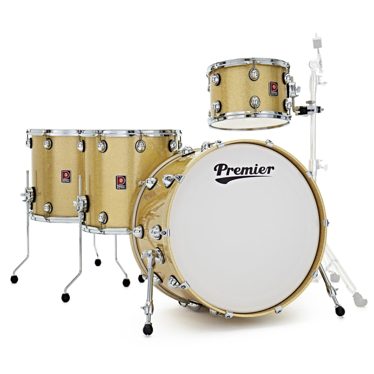 Premier Genista Heritage 24" 4-piece birch shell pack in Vintage Gold Sparkle, front view of the rack tom, two floor toms and bass drum