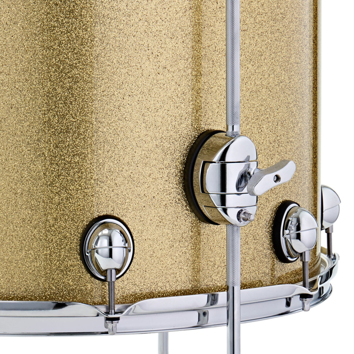 Close-up of the floor tom leg bracket and lugs on a Vintage Gold Sparkle Premier Genista Heritage floor tom