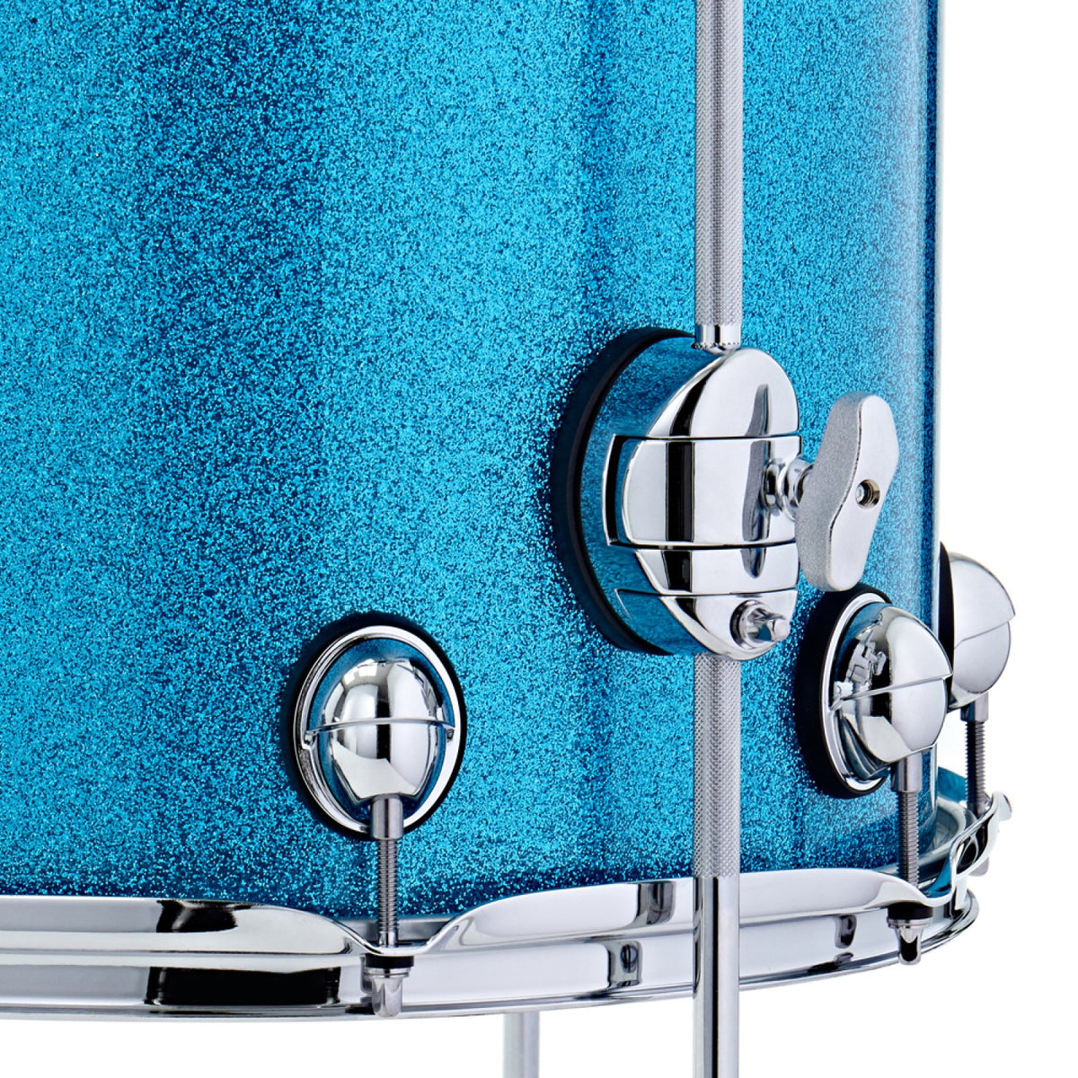 Close-up of the floor tom leg bracket and lugs on the Premier Genista Heritage 3-piece 18-inch shell pack in Aqua Sparkle