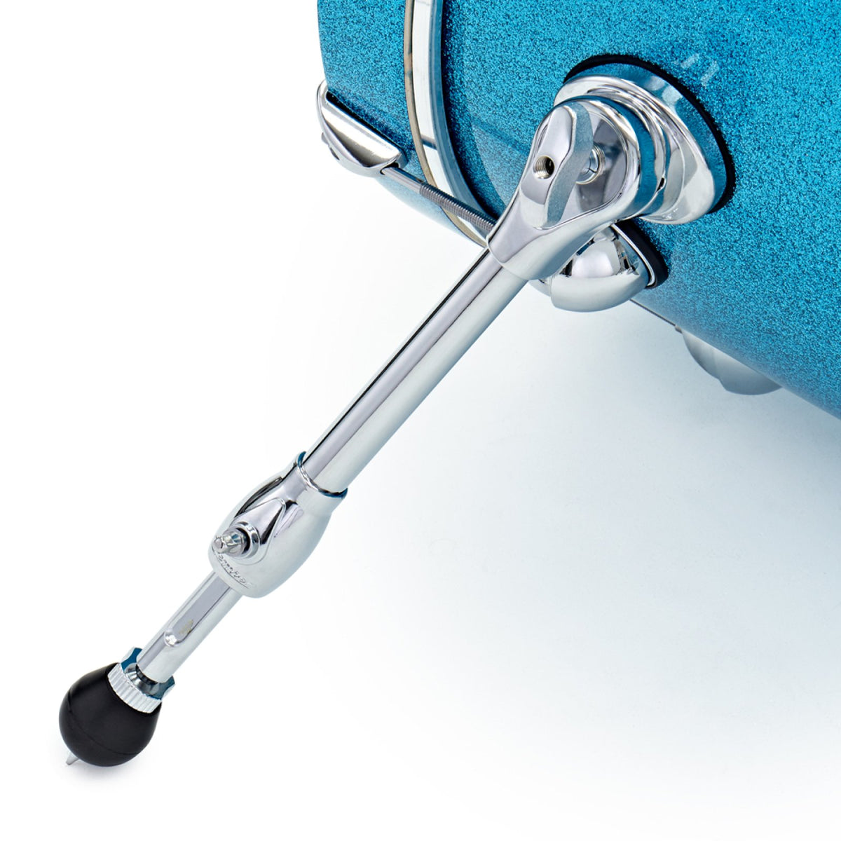 Close-up of the bass drum spur on the Premier Genista Heritage 3-piece 18-inch shell pack in Aqua Sparkle