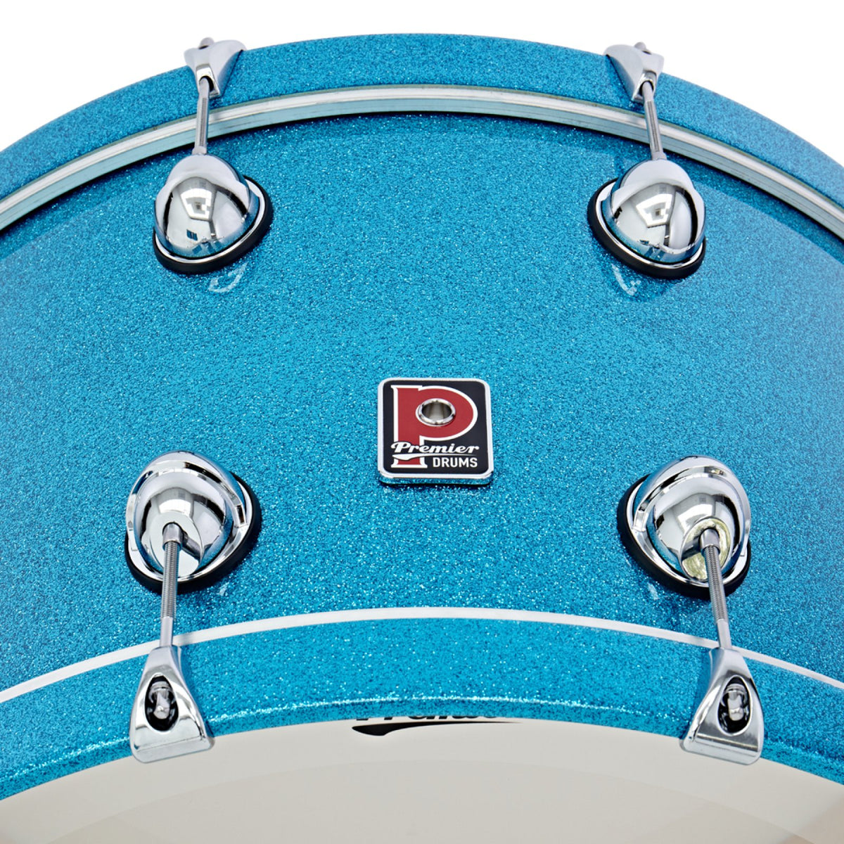 Close-up of the Premier badge, lugs and claw hooks on the Aqua Sparkle Genista Heritage 24 x 14 bass drum