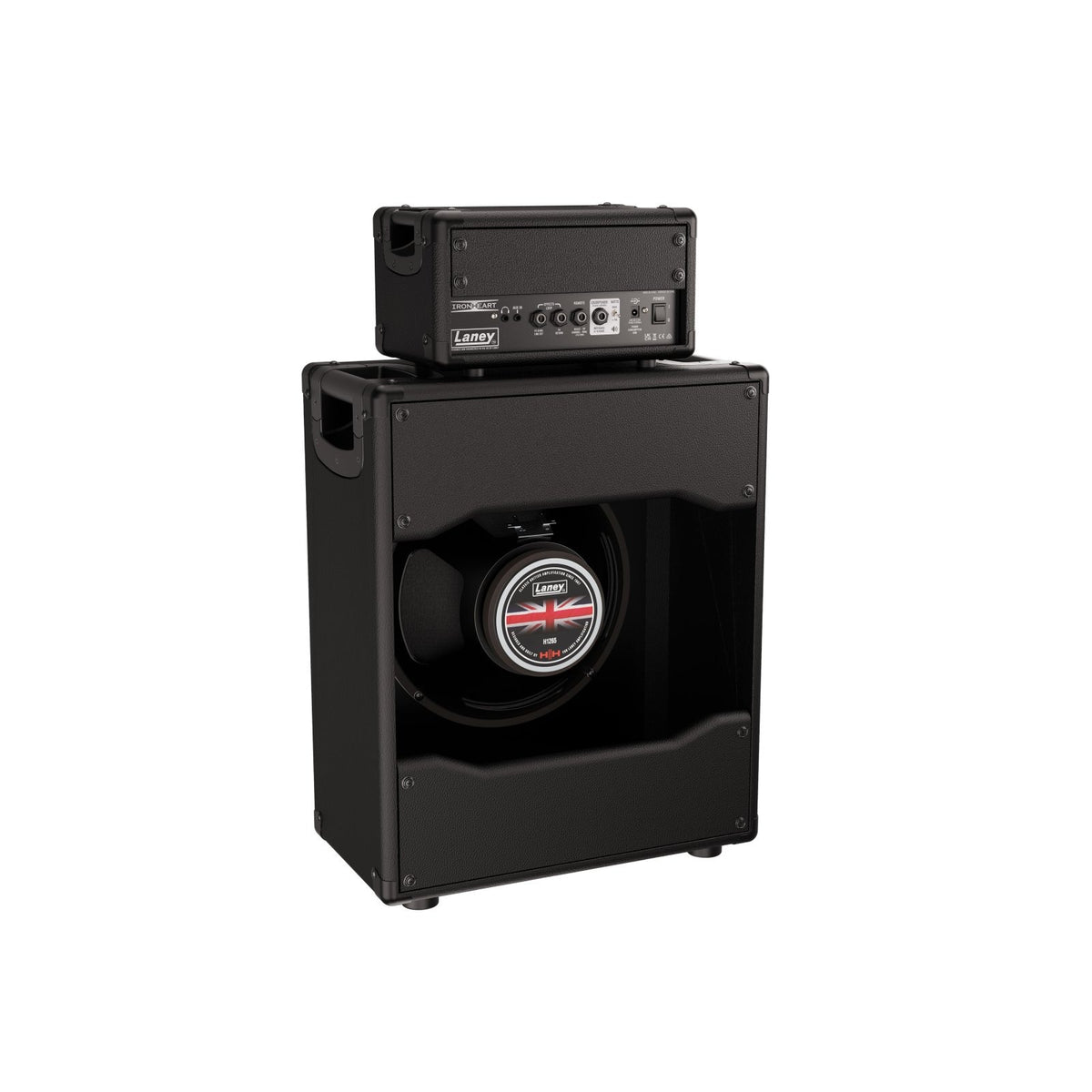 Laney IRF-LEADRIG-112 guitar rig rear view of the head panel and open-back 1x12 cabinet with speaker