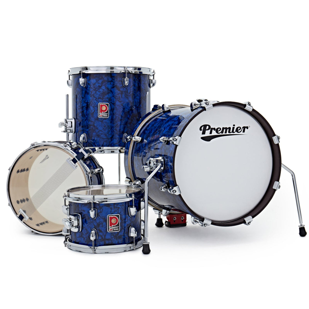 Rear view of the Premier Artist Heritage 16-inch 4-piece shell pack in Blue Pearl, showing the bass drum with Premier logo head and the toms and snare