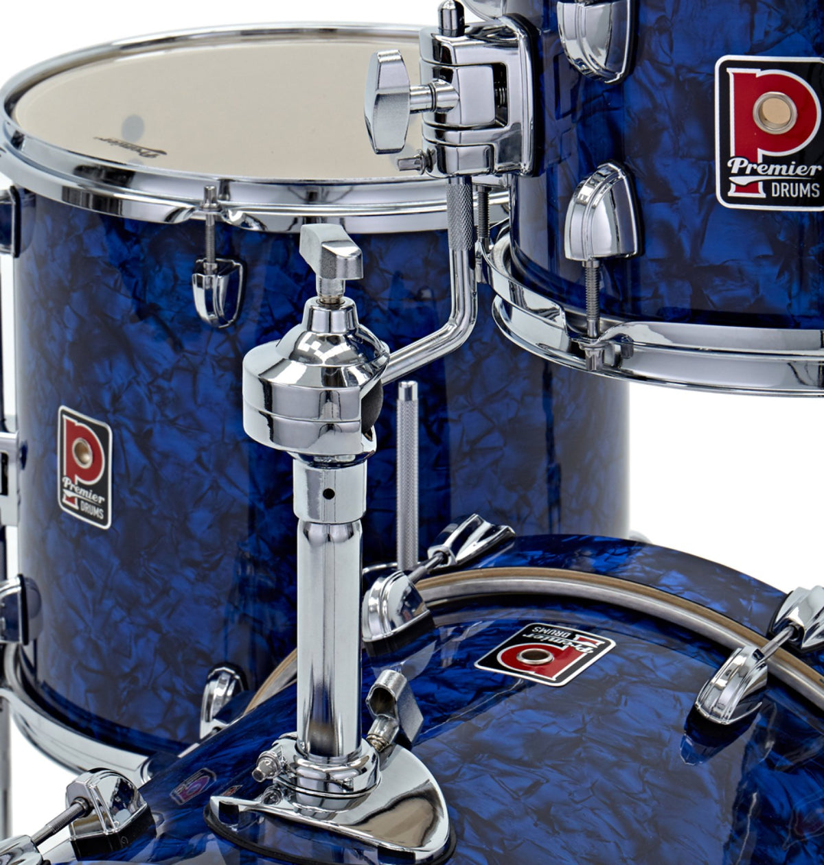 Close-up of the tom mount and bass drum hoop on the Premier Artist Heritage 16-inch 4-piece shell pack in Blue Pearl