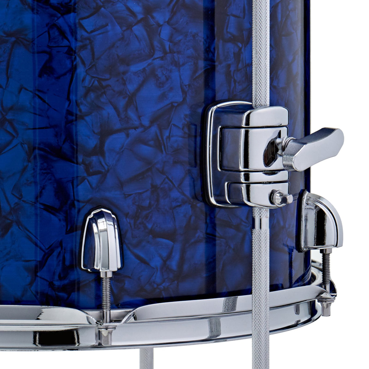 Close-up of the floor tom leg bracket and lugs on the Premier Artist Heritage 16-inch 4-piece shell pack in Blue Pearl