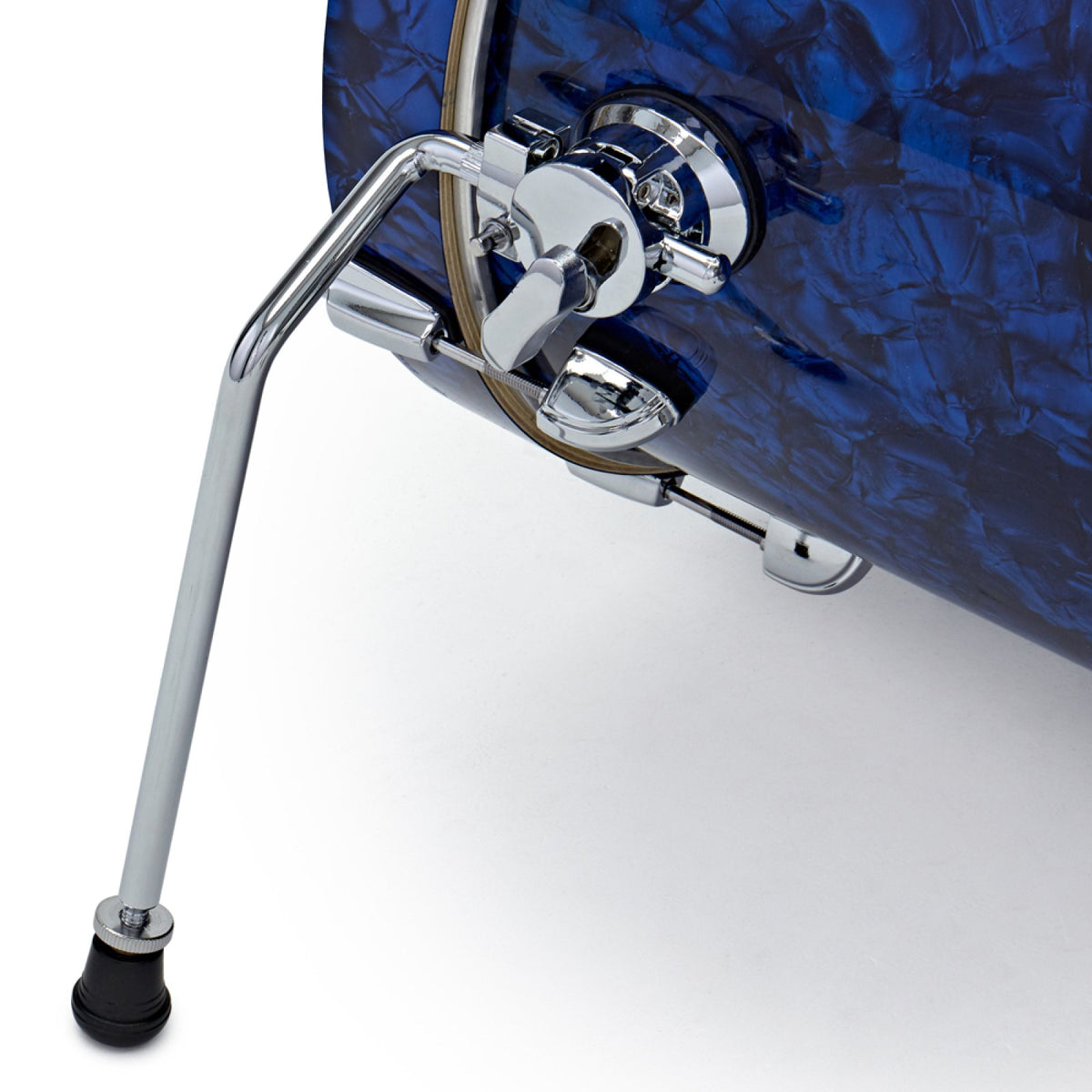 Close-up of the folding bass drum spur on the Premier Artist Heritage 16-inch 4-piece shell pack in Blue Pearl