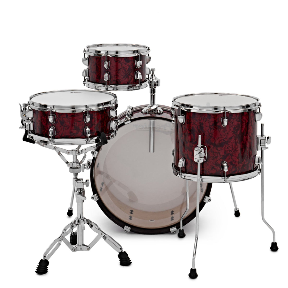 Front view of the Premier Artist Heritage 20-inch 4-piece shell pack in Burgundy Pearl, with toms, snare and bass drum shown on stands (stands and pedal are not included)