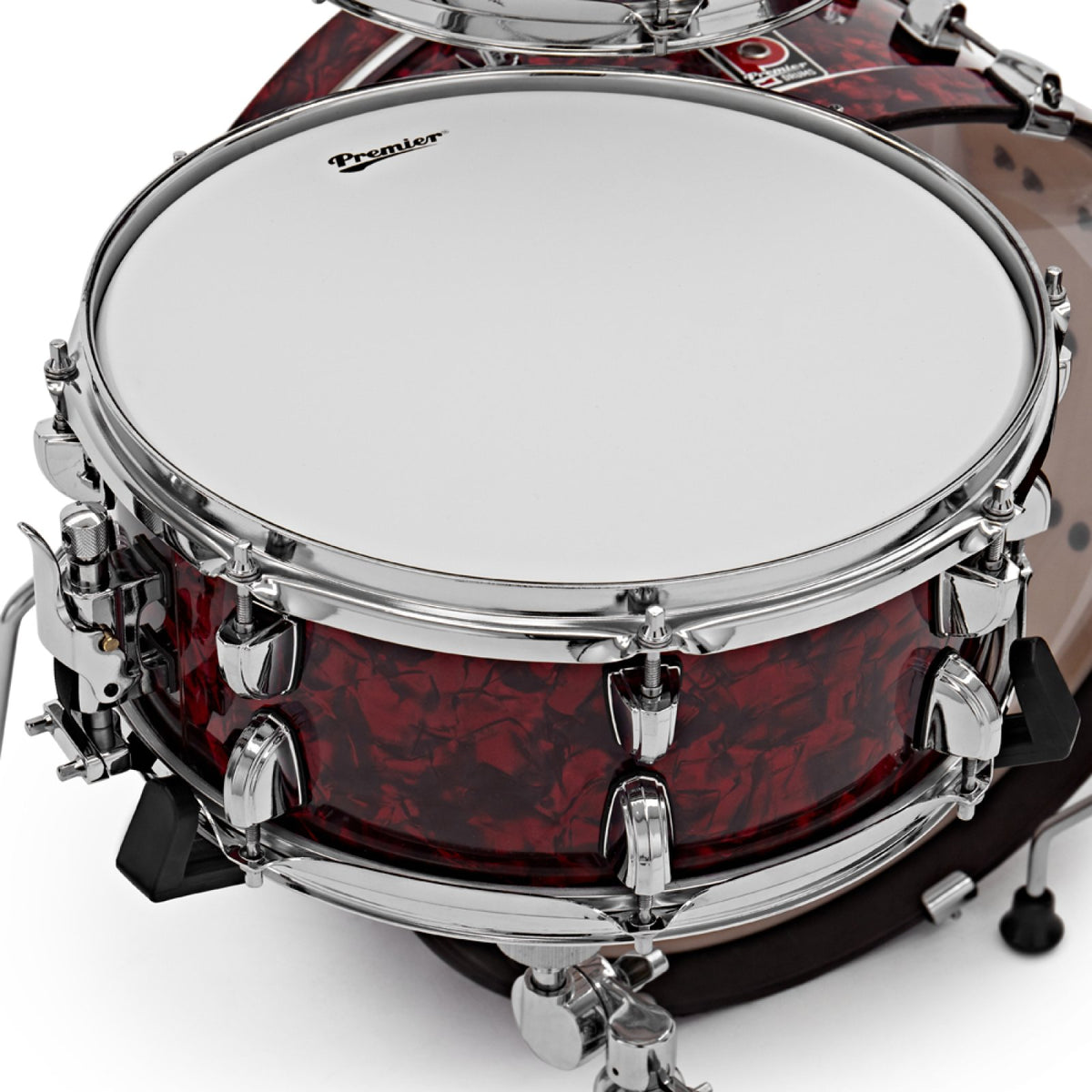 Top view of the snare drum with coated head from the Premier Artist Heritage 20-inch 4-piece shell pack in Burgundy Pearl