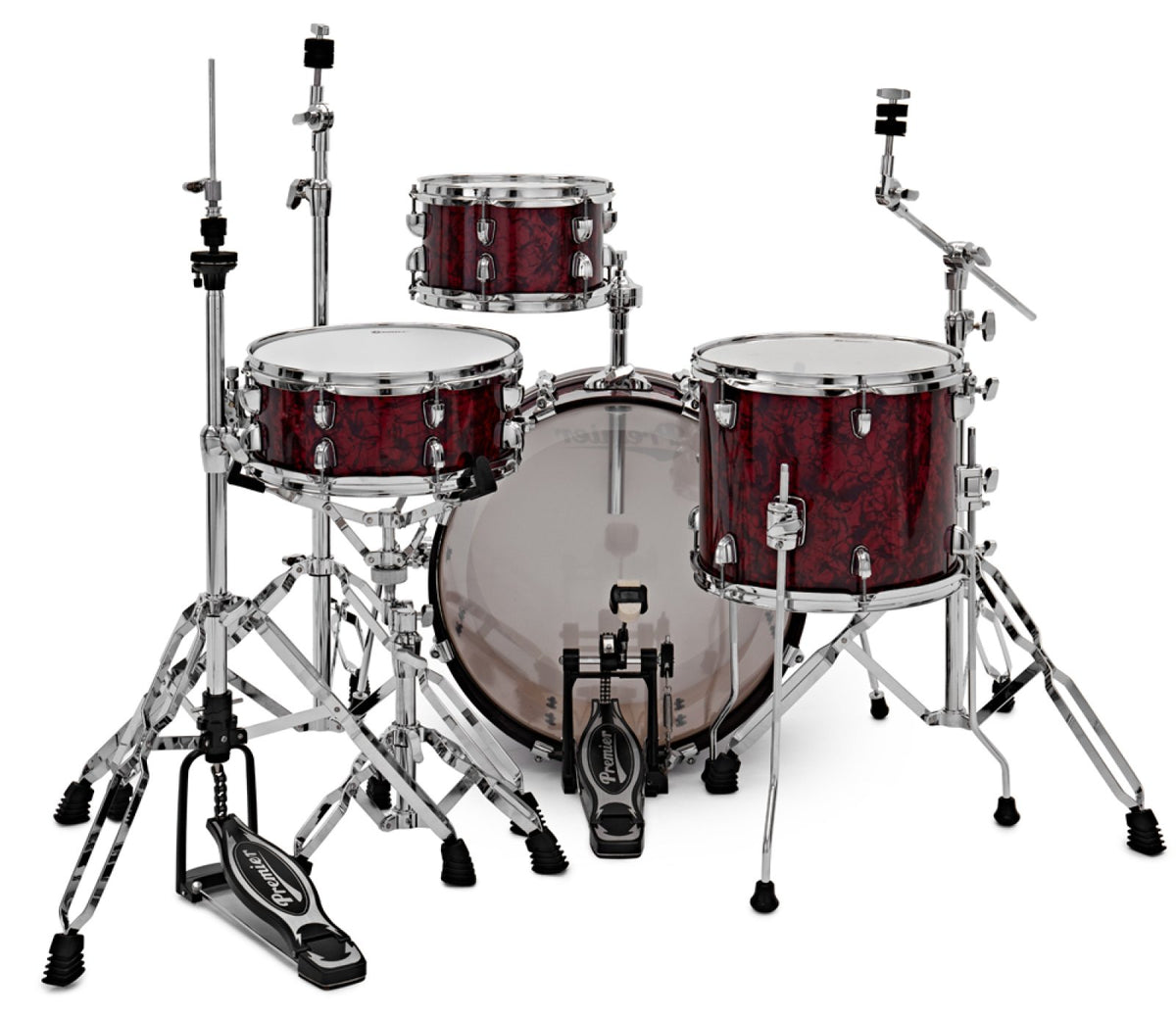 The Premier Artist Heritage 20-inch 4-piece shell pack in Burgundy Pearl set up with cymbal stands, hi-hat and drum hardware (hardware and cymbals not included)