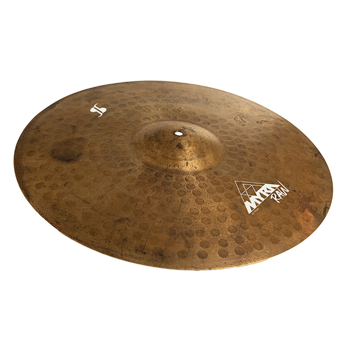 Stagg MYRA Raw 21-inch ride cymbal at an angle showing the bell and MYRA Raw logo