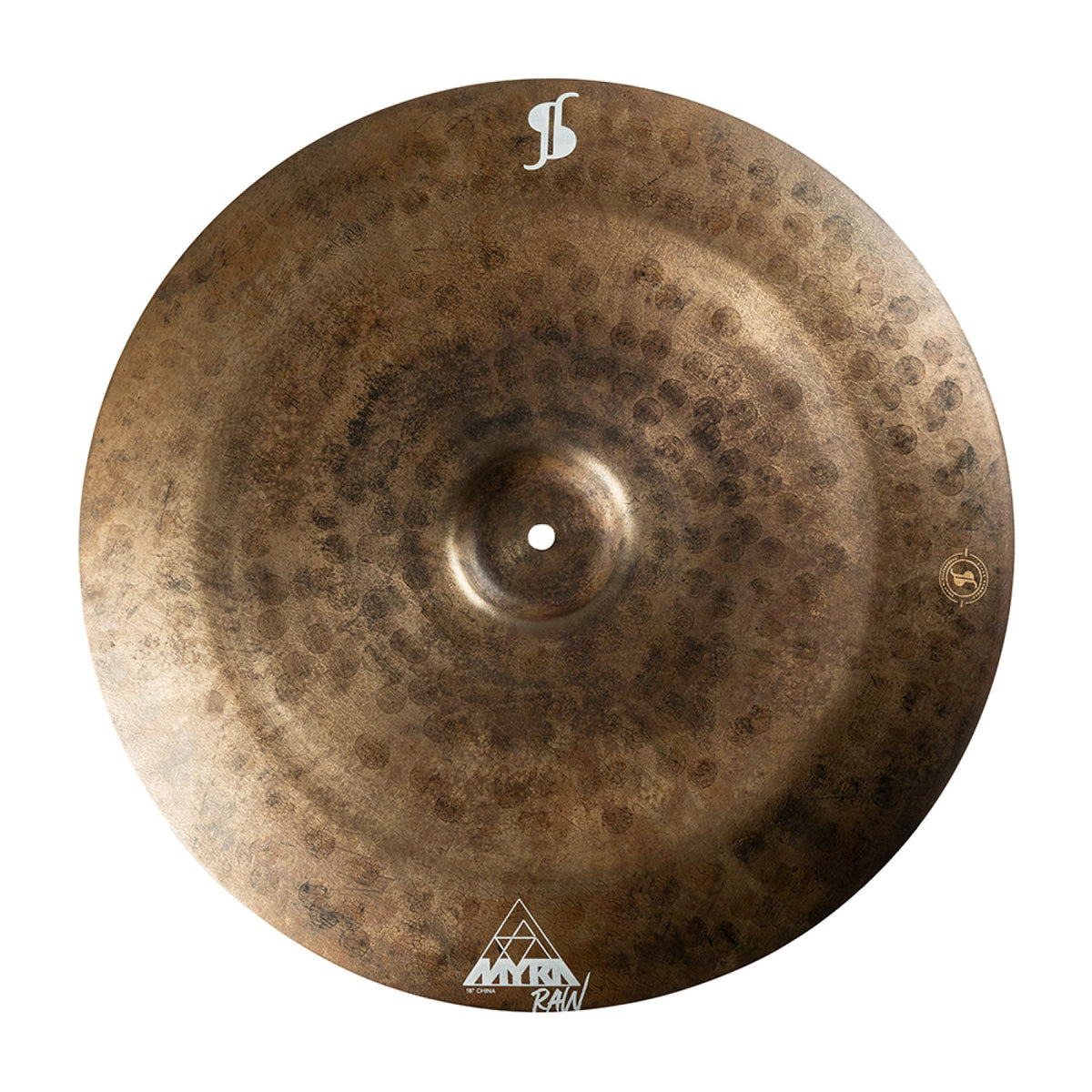Stagg 18" Myra Raw China Cymbal, top view of the dark hand-hammered raw finish with the Myra Raw logo