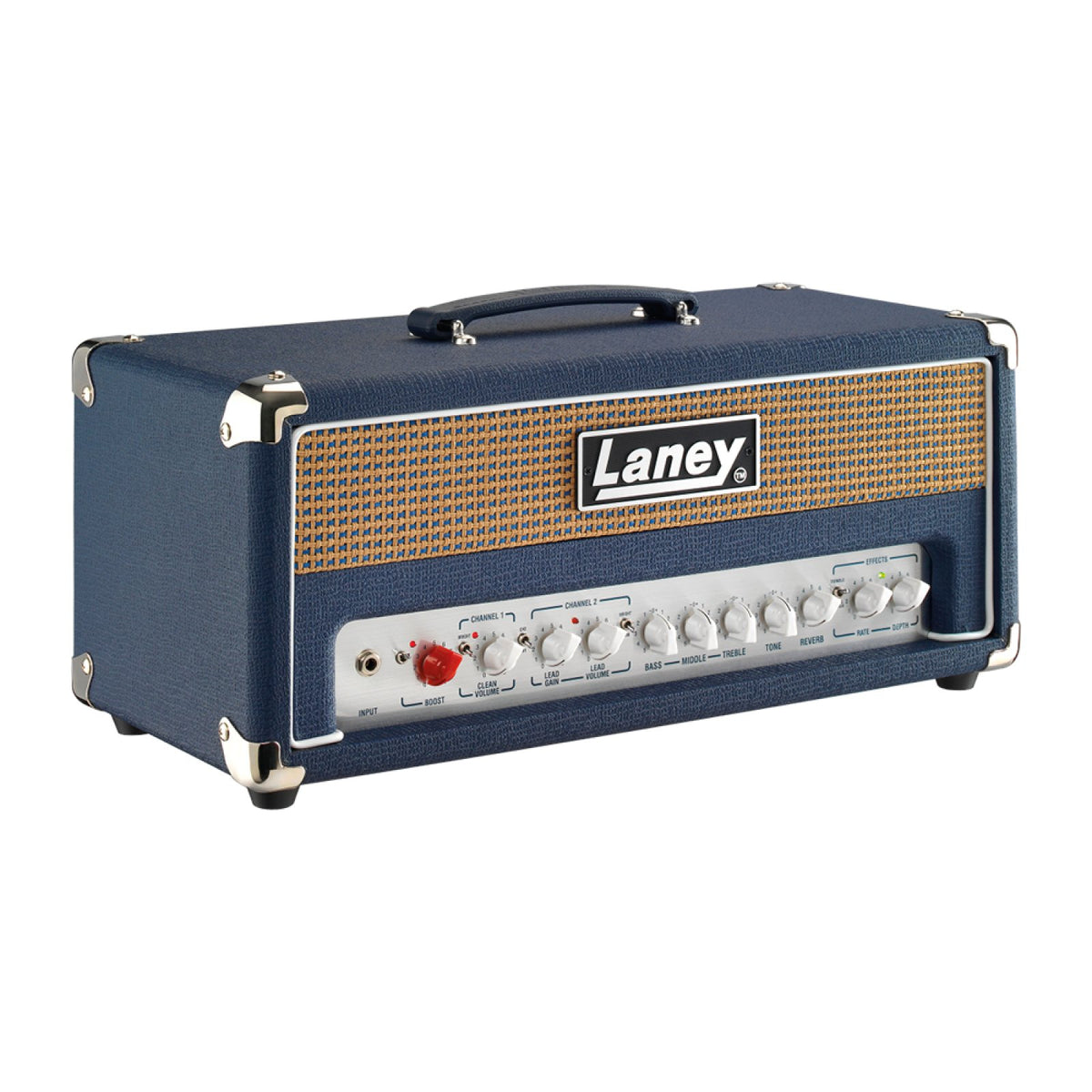 Laney LFSUPER-TOP guitar amplifier head front three-quarter view with blue vinyl, tan grille cloth and control panel
