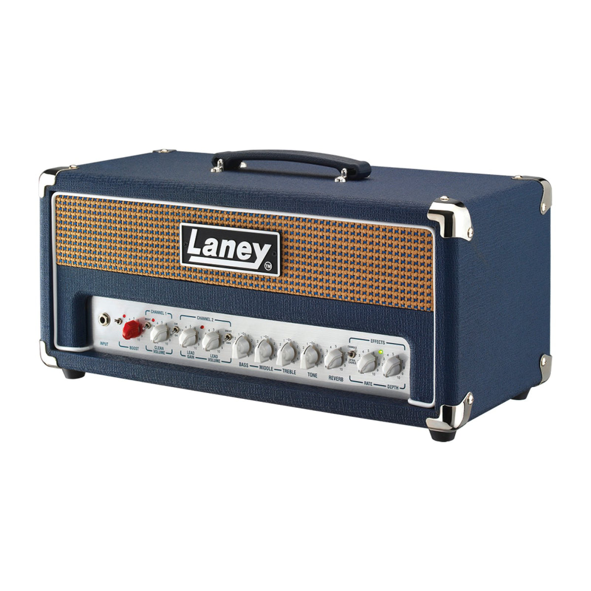 Laney LFSUPER-TOP guitar amplifier head opposite front three-quarter view with blue vinyl cover