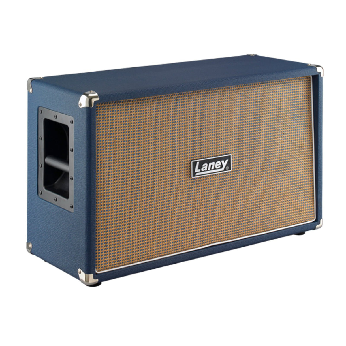 Laney LF-212 2x12 guitar speaker cabinet front three-quarter view with blue vinyl cover, tan grille cloth and side handle