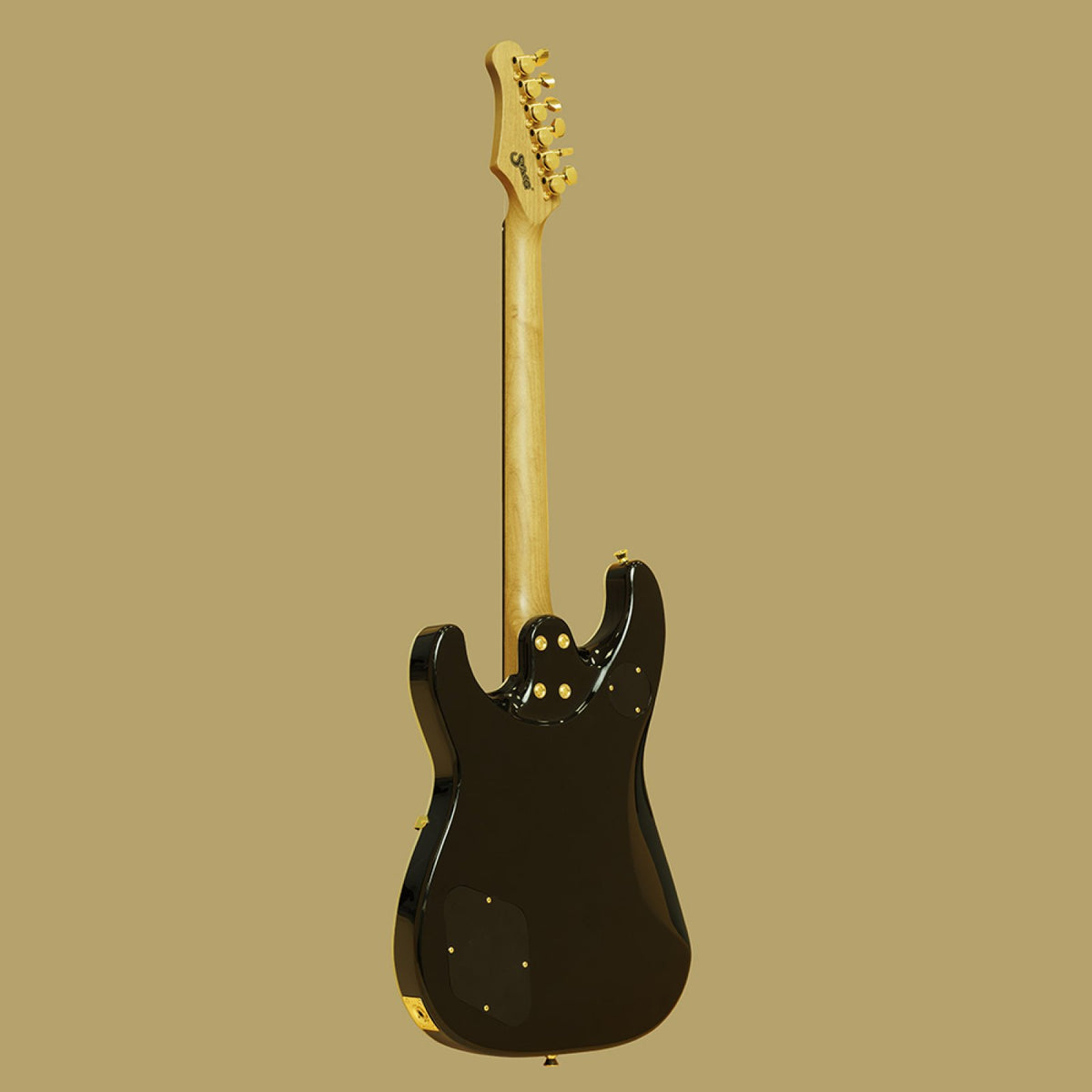 Back of the black Stagg 30th Anniversary Legacy electric guitar showing the roasted maple neck and gold bolts