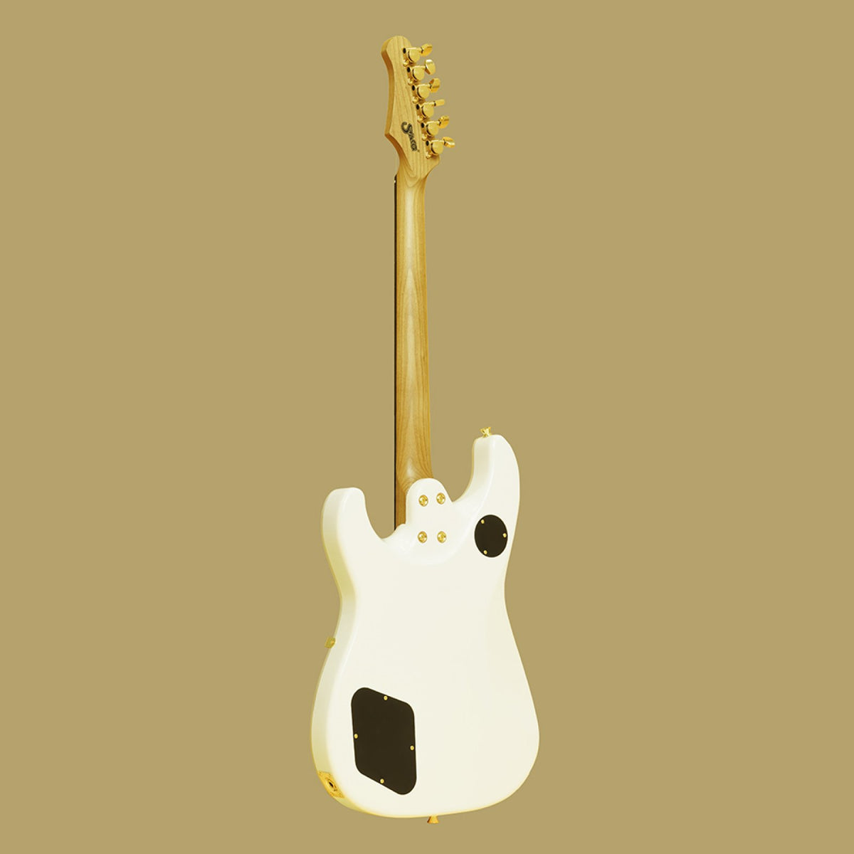 Back of the white Stagg 30th Anniversary Legacy electric guitar showing the roasted maple neck and control cavity cover