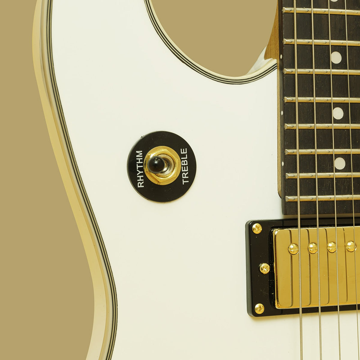 Close-up of the pickup selector switch and neck humbucker on the white Stagg 30th Anniversary Legacy guitar