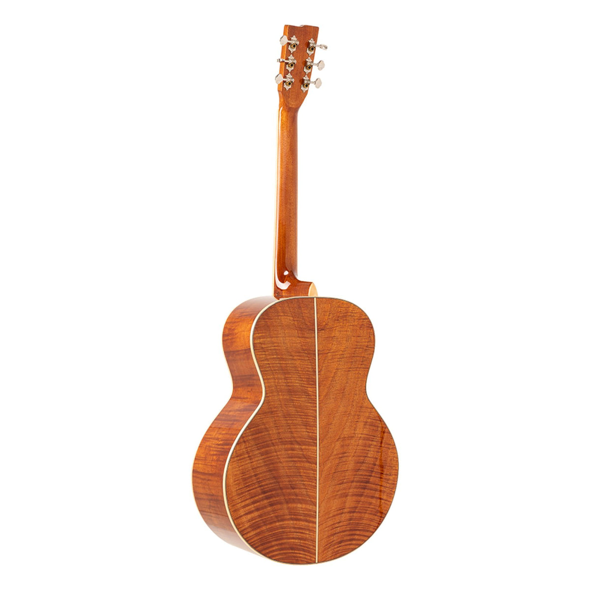 Back of the Stagg SA45 O-FM orchestra guitar showing the flamed mahogany back and neck