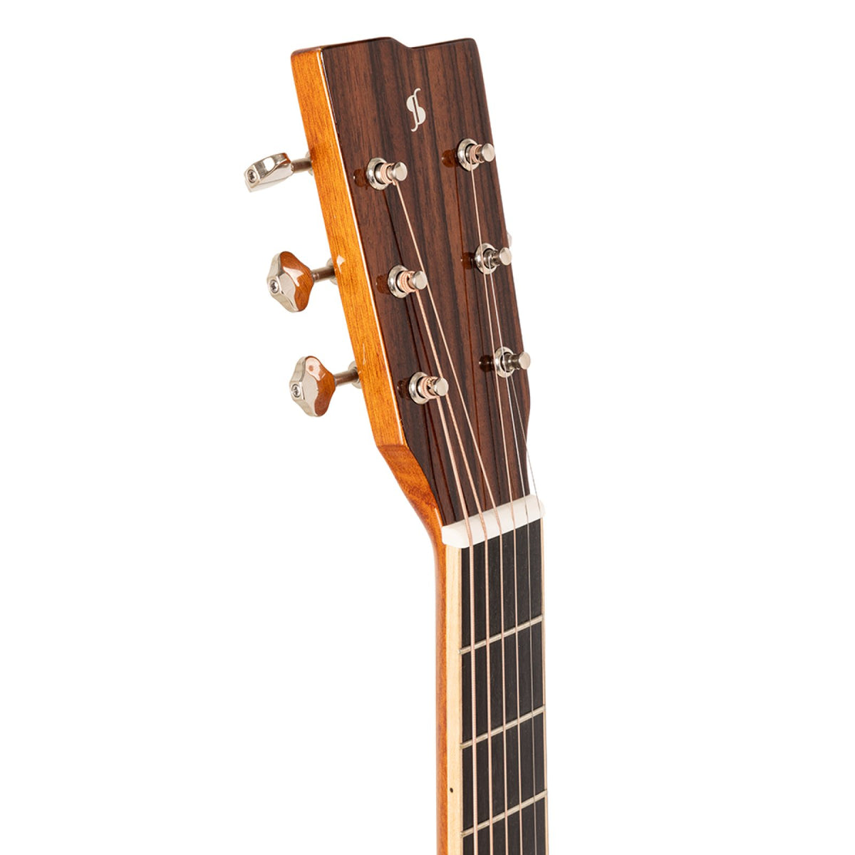 Headstock of the Stagg SA45 O-FM guitar with vintage-type chrome machine heads