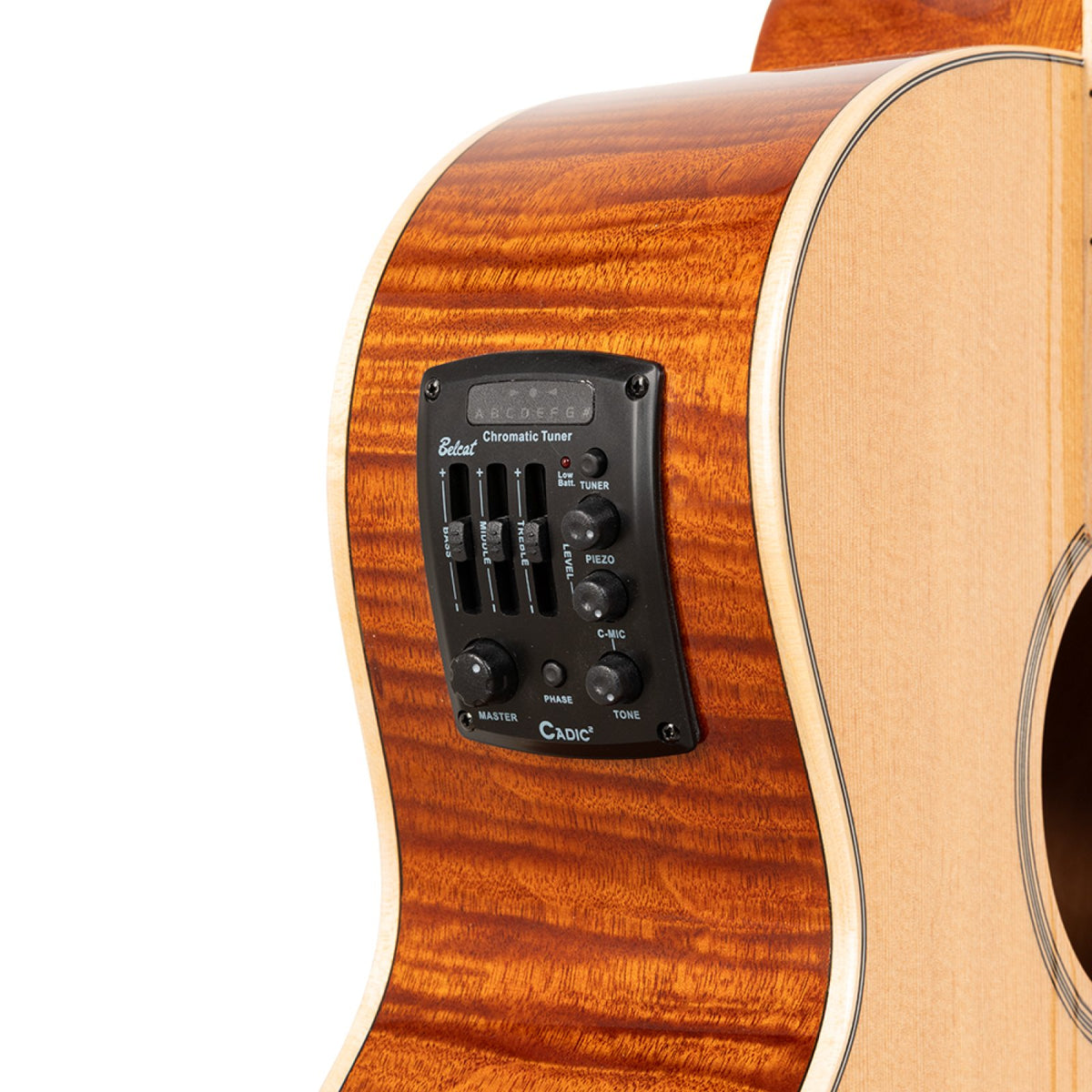 Onboard preamp panel with chromatic tuner and mix, bass and treble controls on the Stagg SA45 OCE-FM guitar