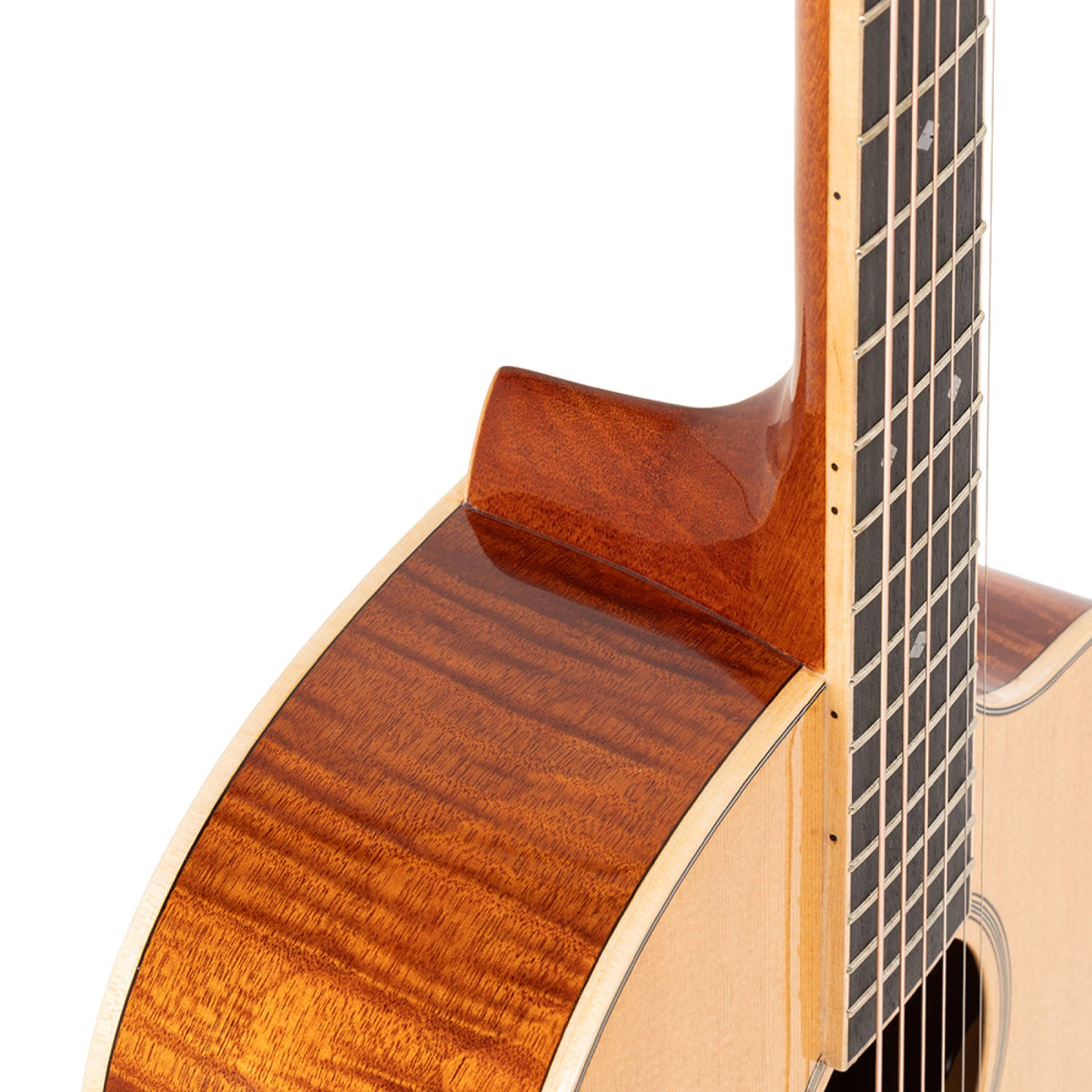 Close-up of the neck joint, cutaway and snowflake fingerboard inserts on the Stagg SA45 OCE-FM guitar
