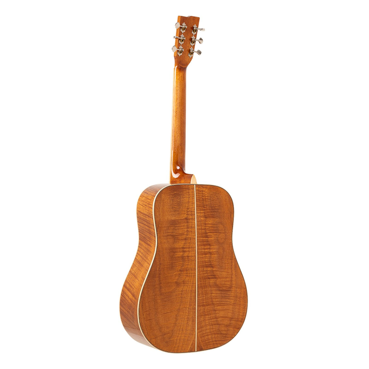 Back of the Stagg SA45 D-FM dreadnought guitar showing the flamed mahogany back and neck