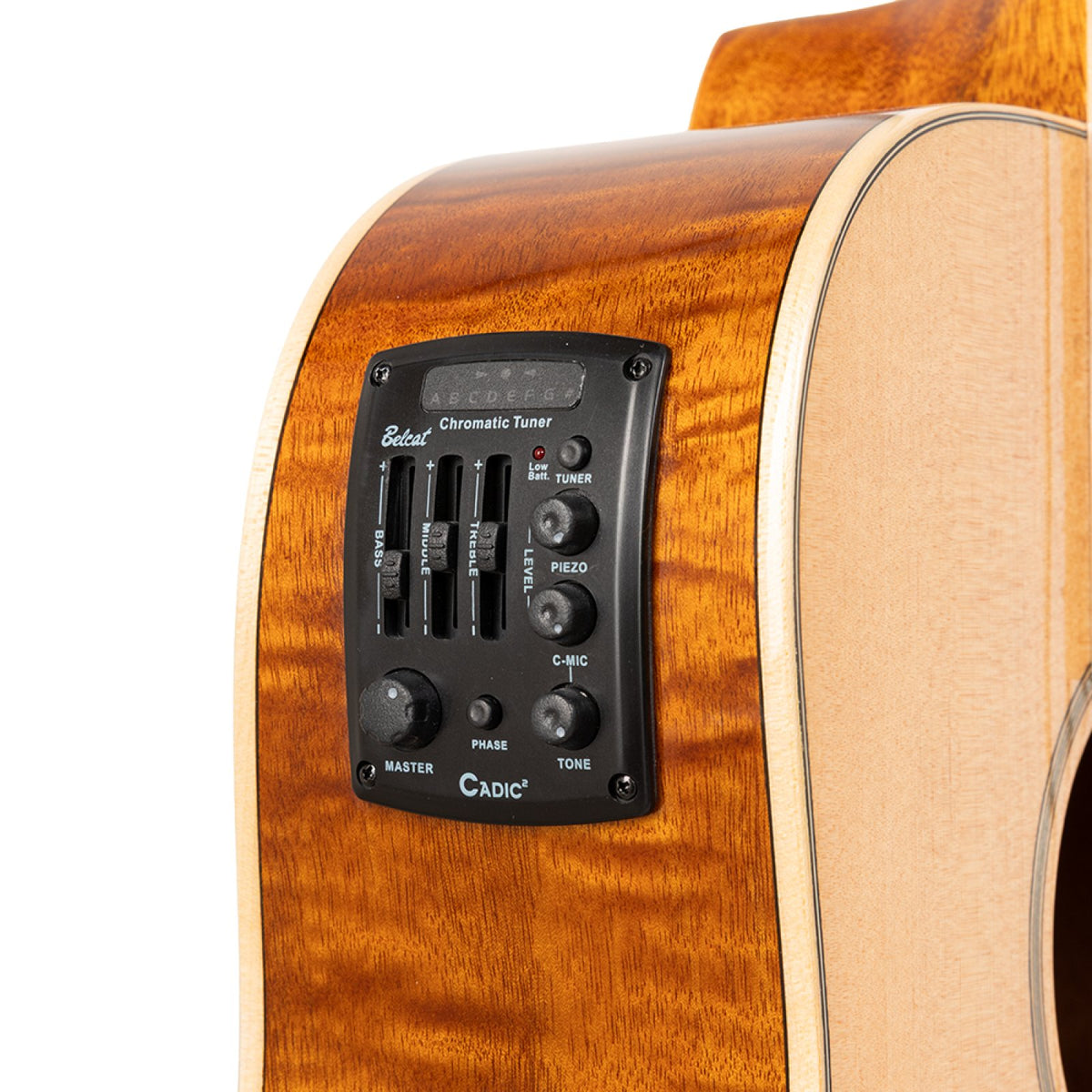 Onboard preamp panel with chromatic tuner and mix, bass and treble controls on the Stagg SA45 DCE-FM guitar