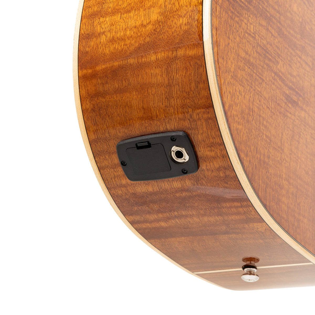 Output jack and battery compartment on the side of the Stagg SA45 DCE-FM guitar