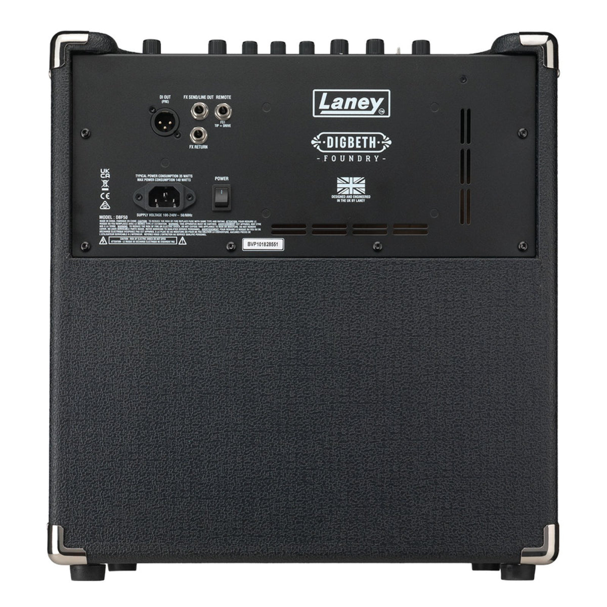 Laney Digbeth DBF50 rear panel with XLR DI out, FX send and return, power inlet and switch and Digbeth Foundry badge