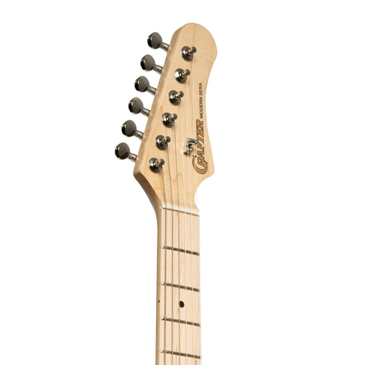 Crafter Modern Sera electric guitar in Cosmic Black, maple headstock front with tuners