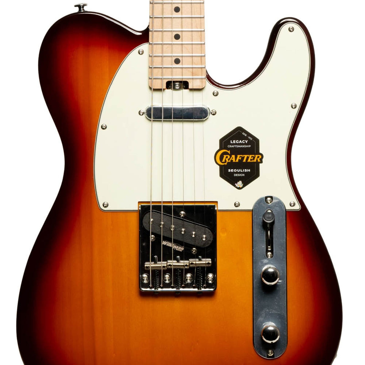 Crafter Modern Sera electric guitar in Tobacco Sunburst, pickups, bridge and controls close-up