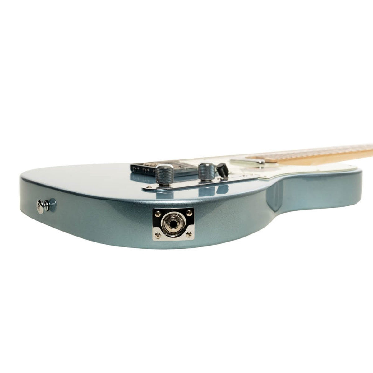 Crafter Modern Sera electric guitar in Lake Placid Blue, side view of output jack and body edge
