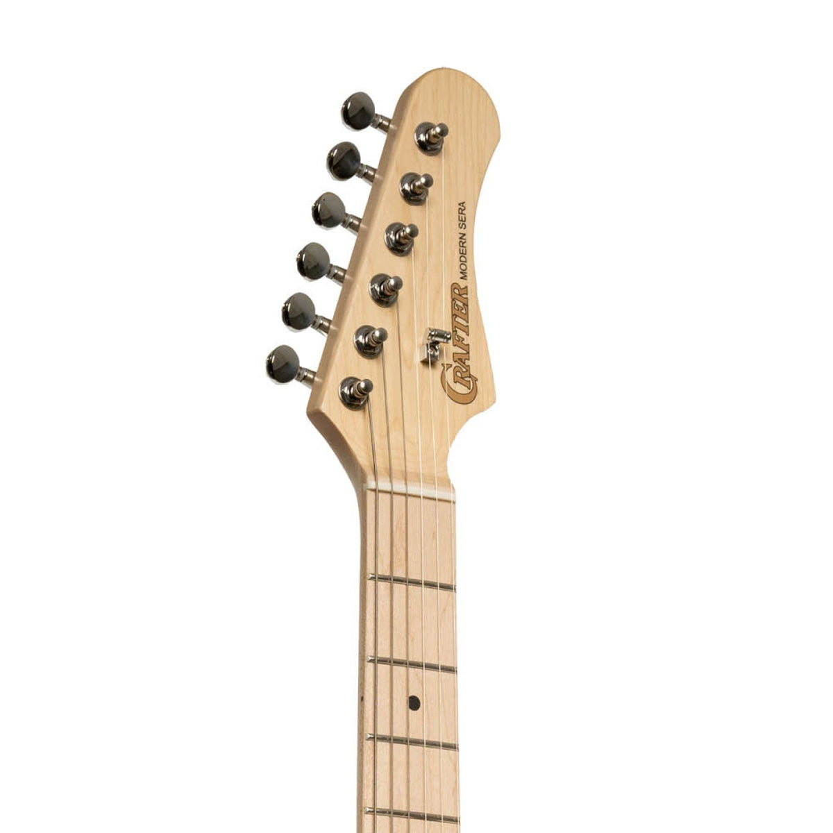 Crafter Modern Sera electric guitar in Butterscotch, maple headstock front with tuners