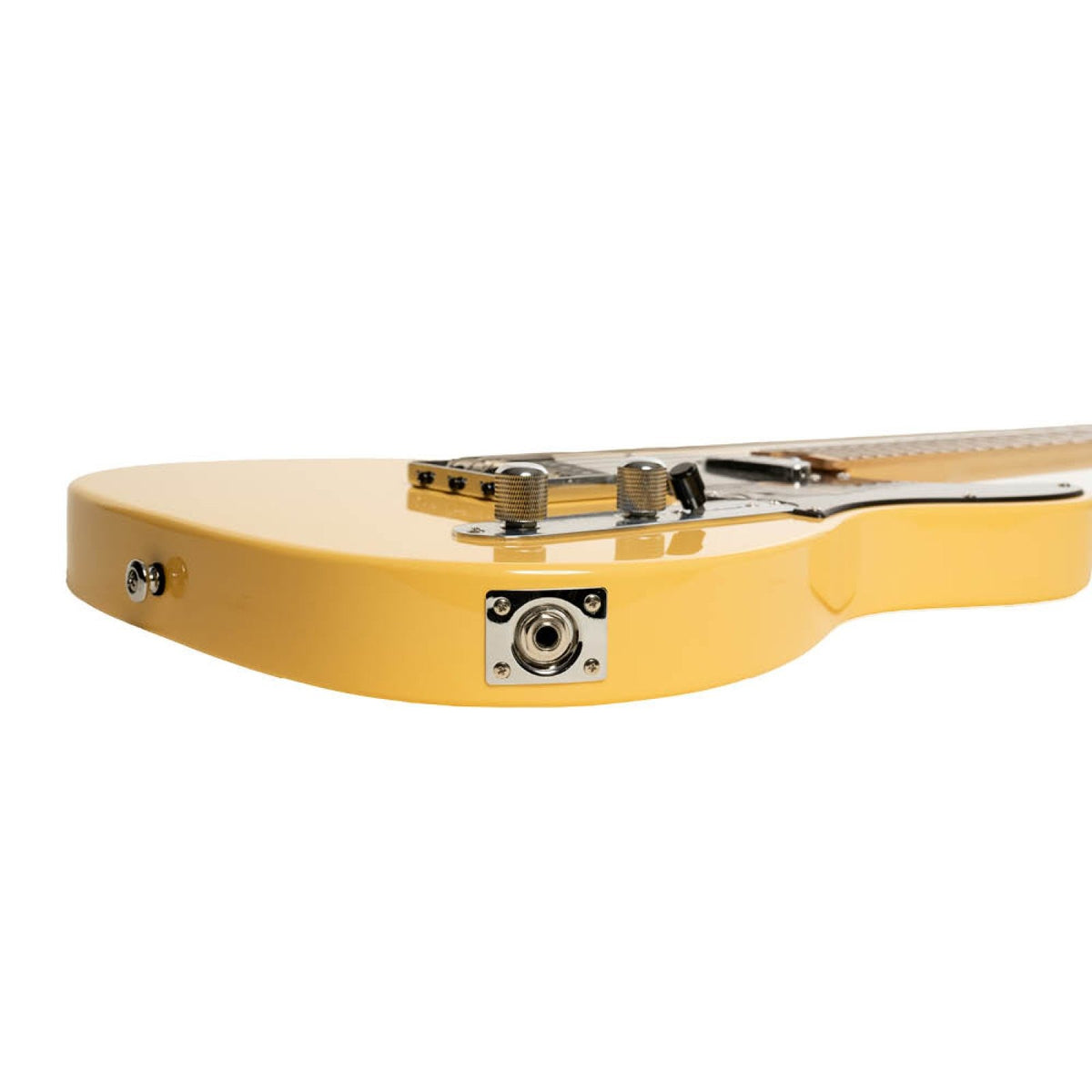 Crafter Modern Sera electric guitar in Butterscotch, side view of output jack and body edge