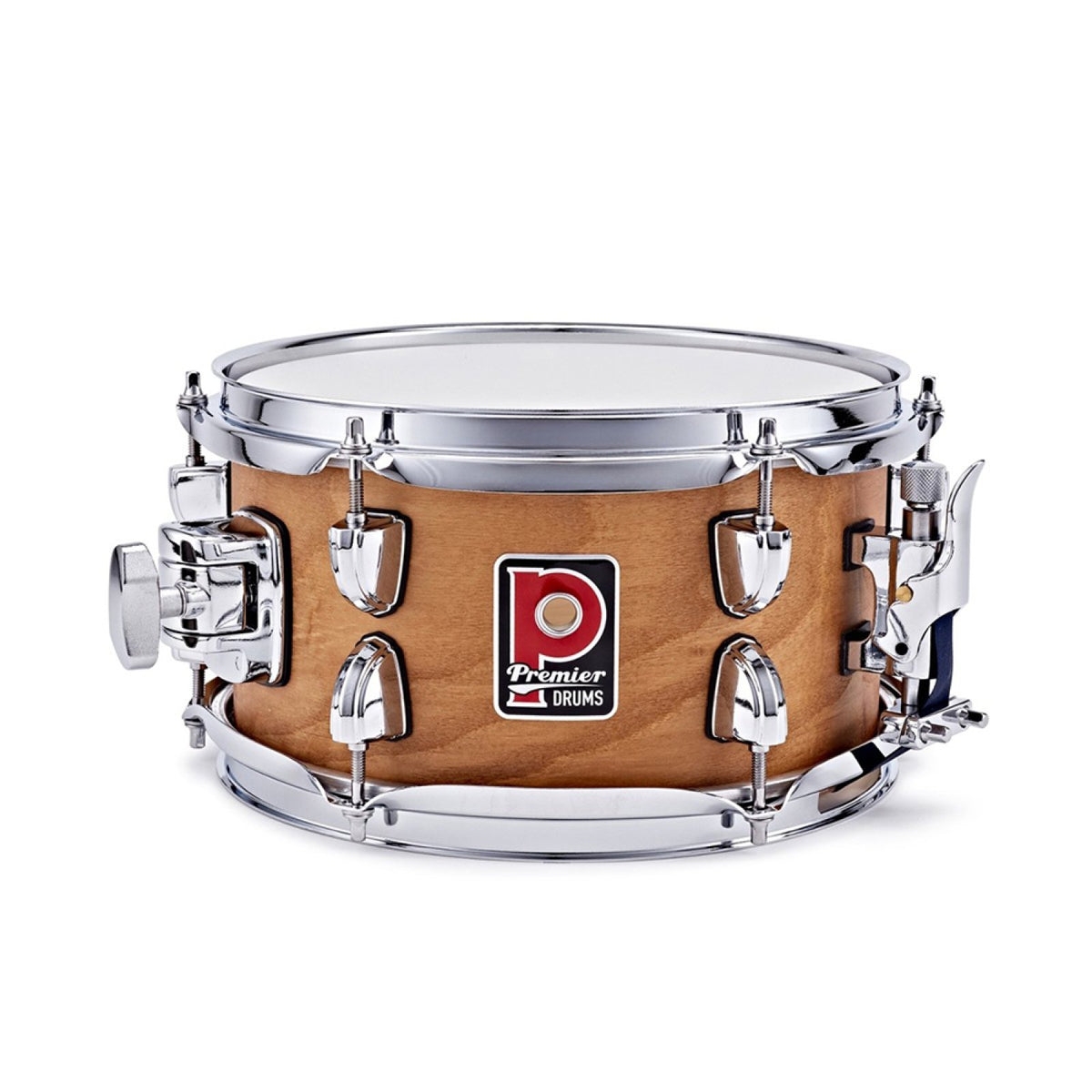 Front view of the Premier Artist 10" x 5.5" birch snare drum in Antique Ash showing the Antique Ash wood-grain finish and chrome hardware