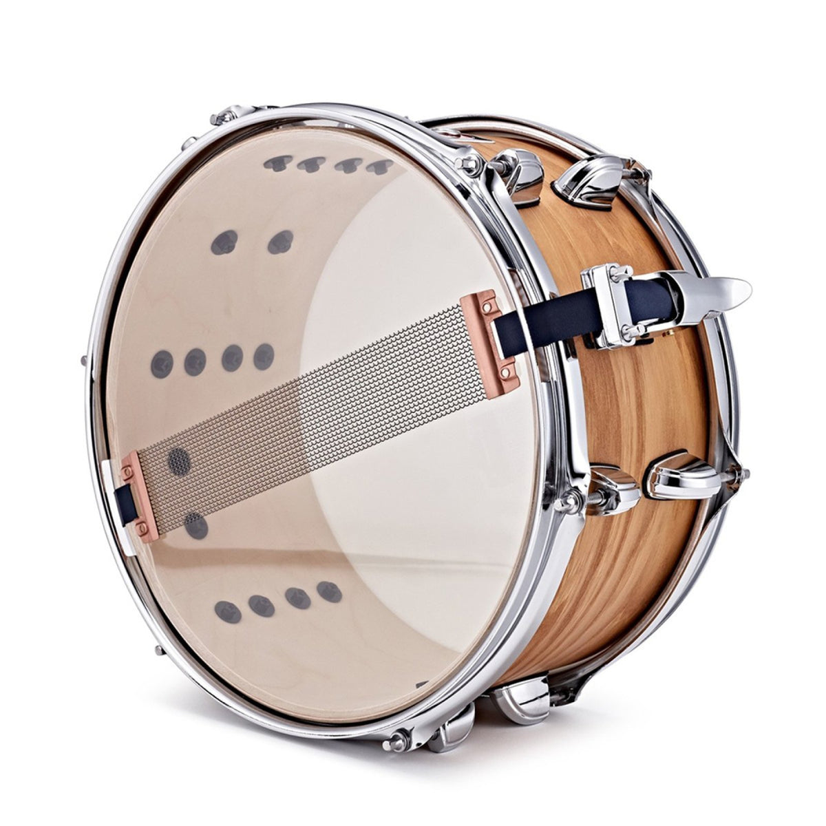 Underside of the Premier Artist 12" x 6" birch snare drum in Antique Ash showing the snare wires with copper end plates