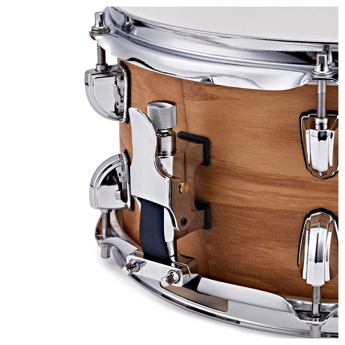 Close-up of the snare strainer and lugs on the Premier Artist 12" x 6" birch snare drum in Antique Ash