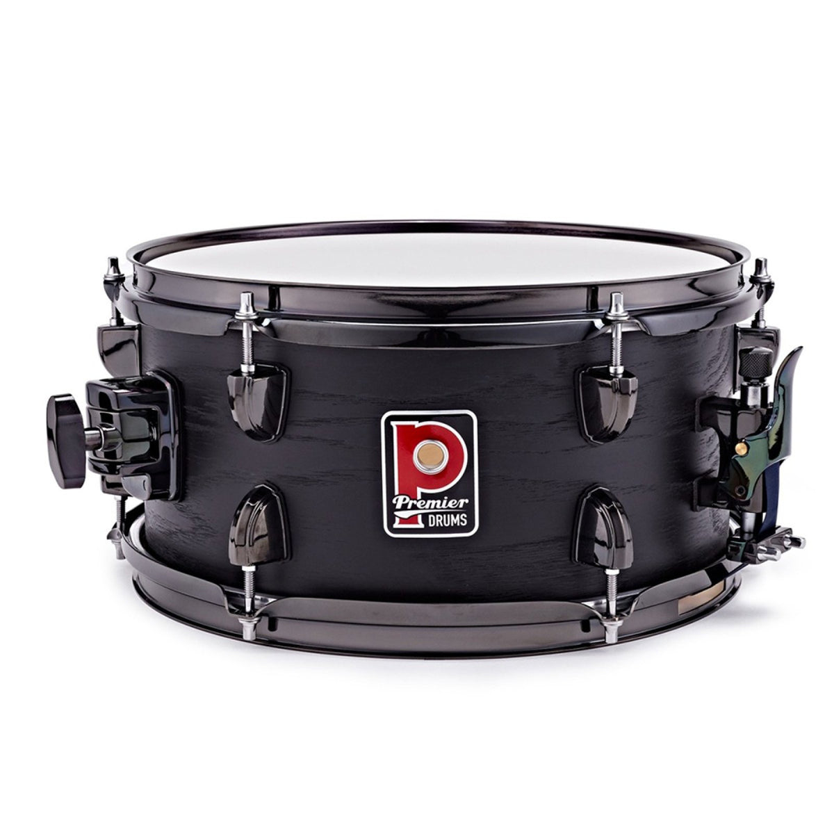 Front view of the Premier Artist 12" x 6" birch snare drum in Stealth Black showing the Stealth Black finish and black nickel hardware