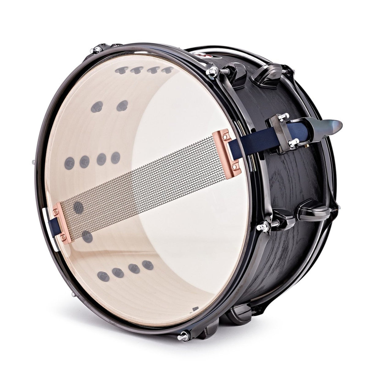 Underside of the Premier Artist 12" x 6" birch snare drum in Stealth Black showing the snare wires with copper end plates