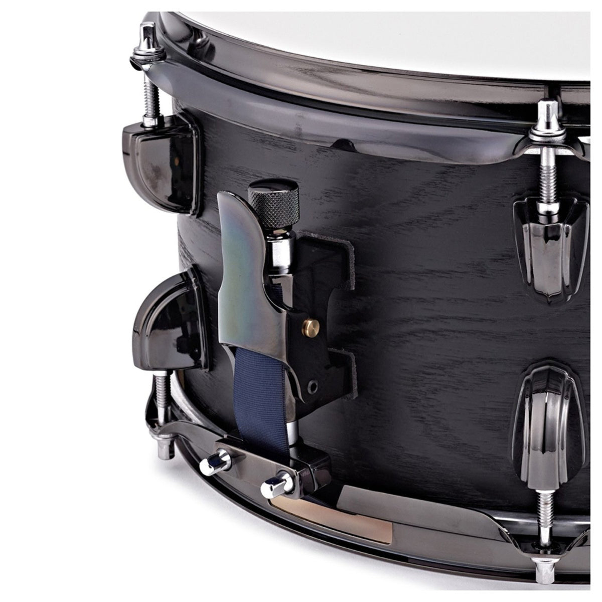 Close-up of the snare strainer and lugs on the Premier Artist 12" x 6" birch snare drum in Stealth Black