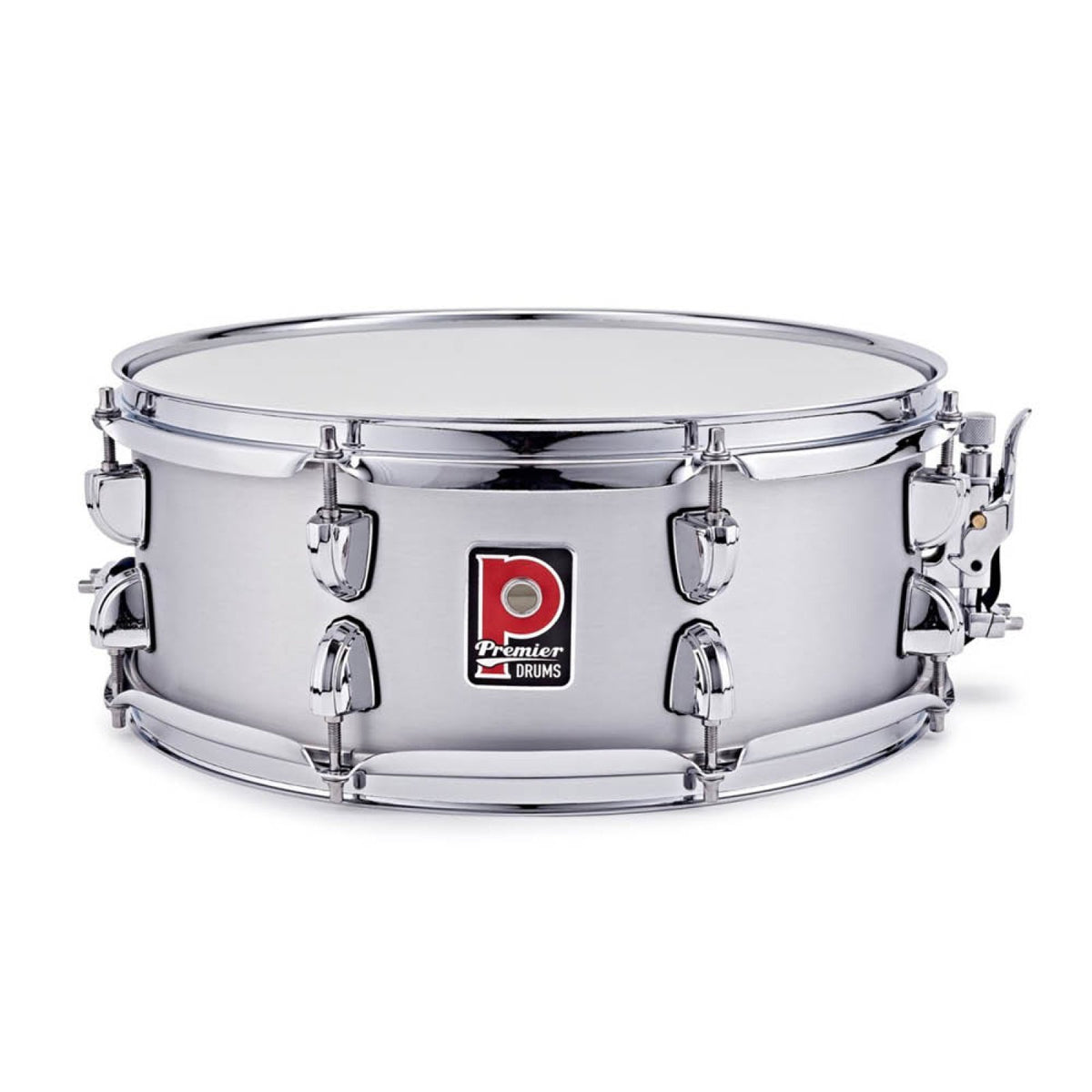 Front view of the Premier Artist 14" x 5.5" aluminium snare drum with brushed aluminium shell, chrome hoops and Premier badge