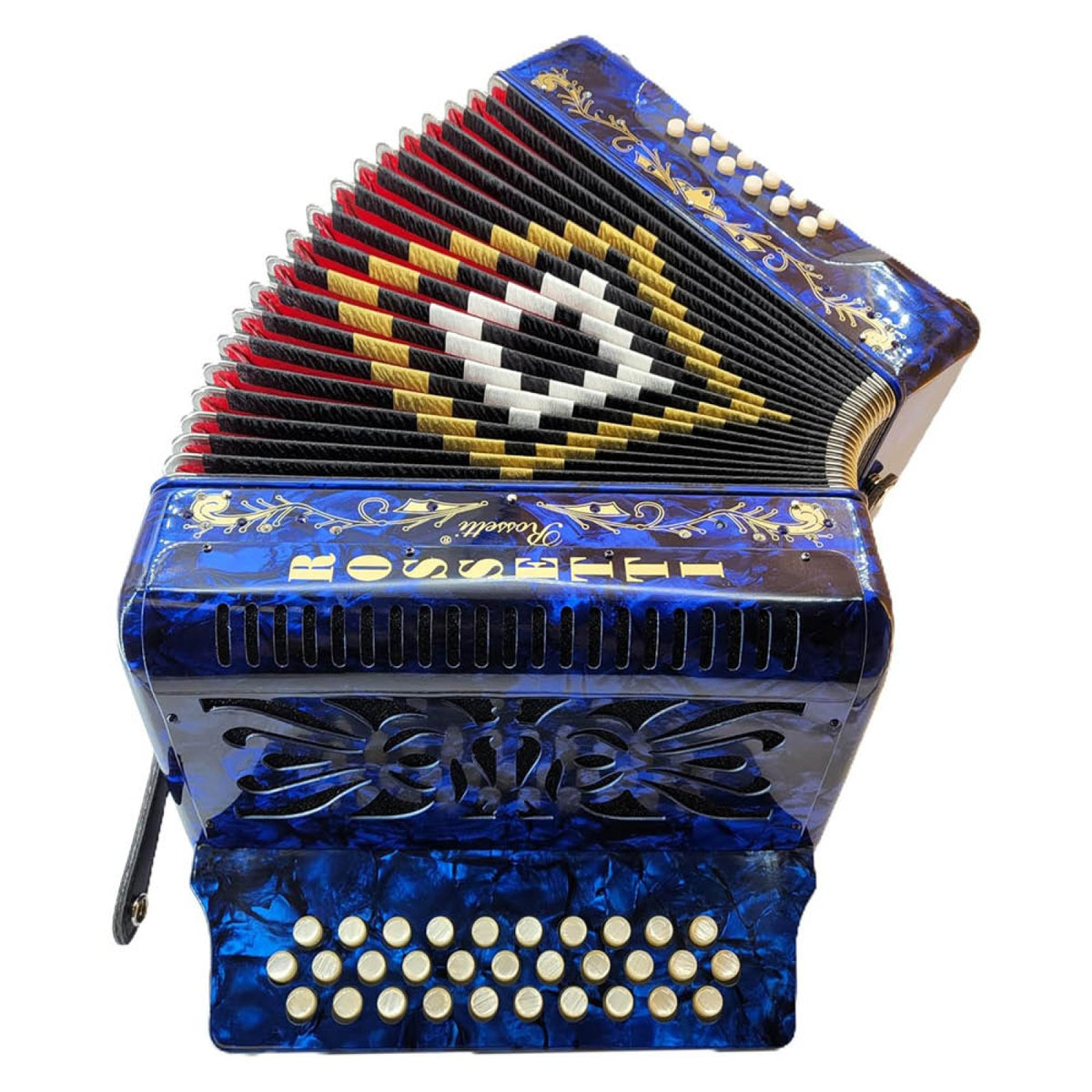 Rossetti 3112-GCF blue accordion, angled view of the bass keys and decorated bellows