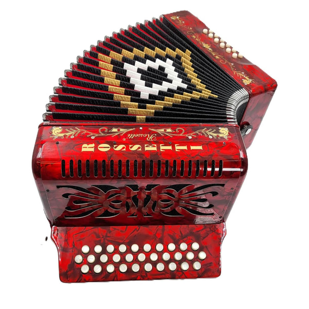 Rossetti 3112-GCF red accordion, angled view of the bass keys and decorated bellows
