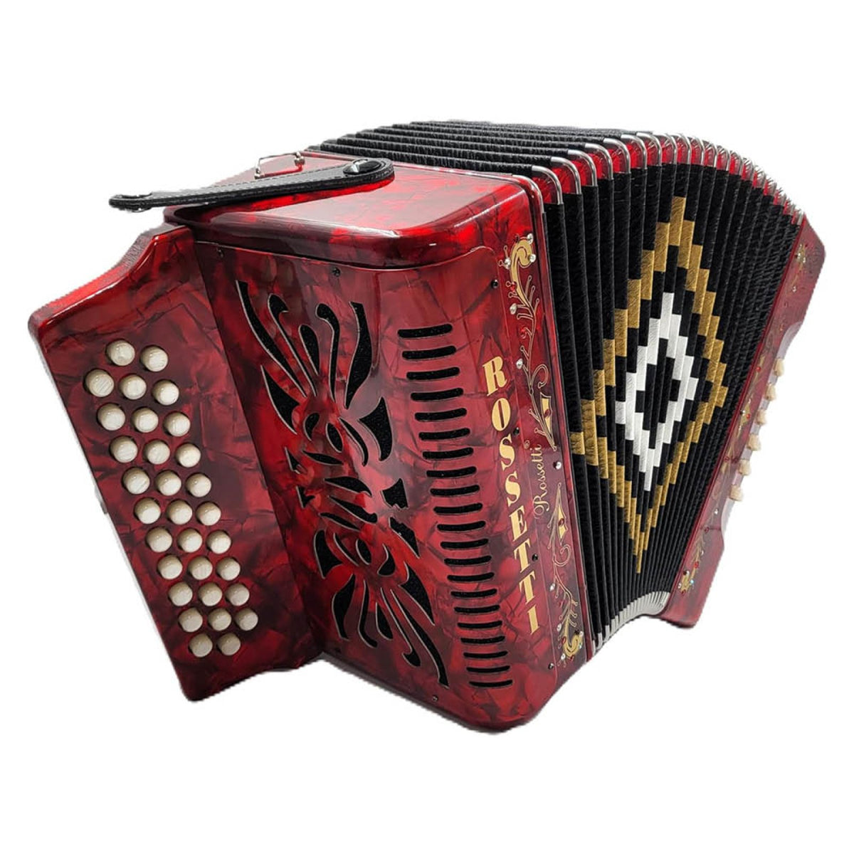 Rossetti 3112-GCF red accordion, second angled view of the treble side with carved grille