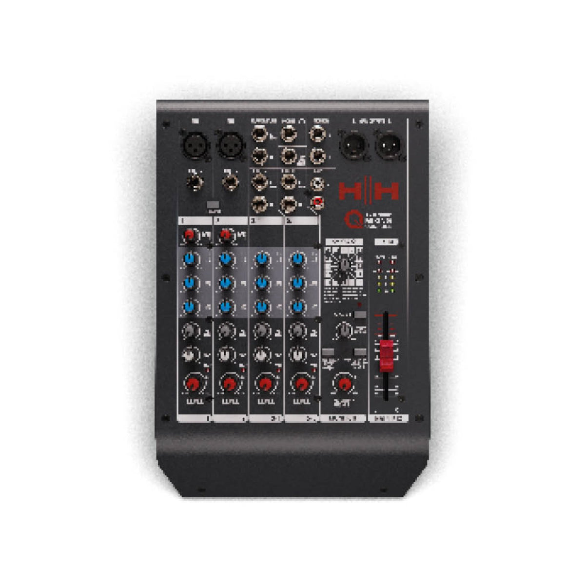 Top view of the HH Audio Q6FX mixing console showing the channel strips and controls