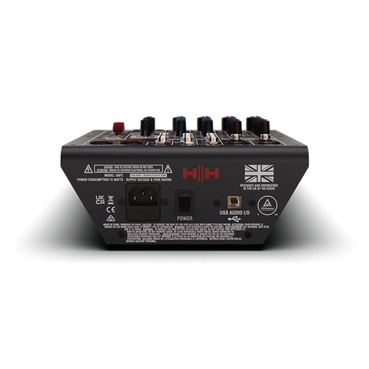 Rear panel of the HH Audio Q6FX mixing console showing the power inlet and USB port