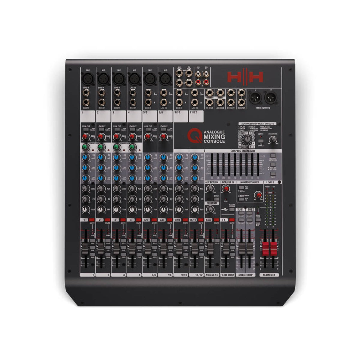 Top view of the HH Audio Q12FX mixing console showing the channel strips and controls