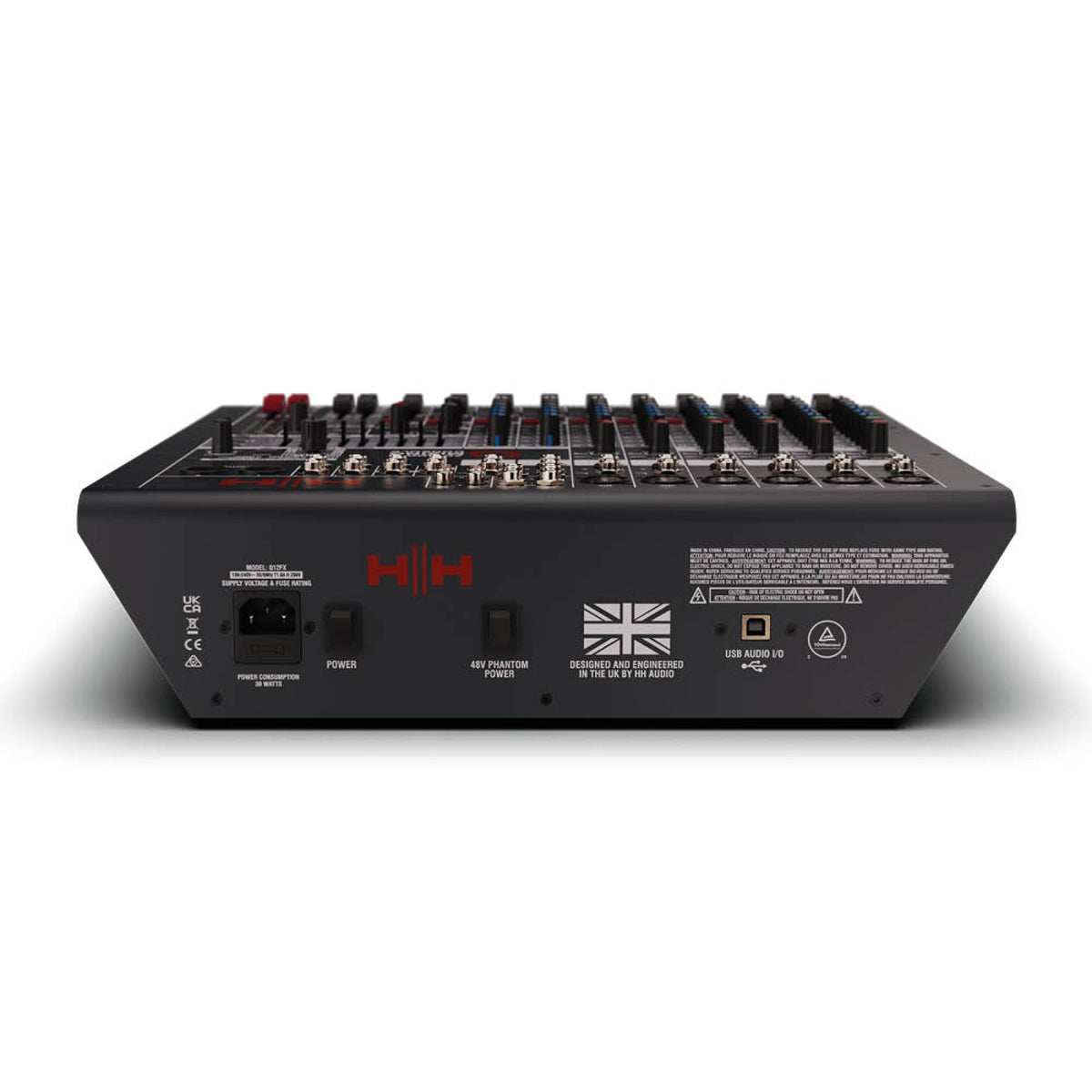 Rear panel of the HH Audio Q12FX mixing console showing the power inlet and USB port