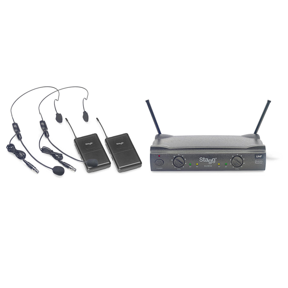 Stagg SUW 50 HH EG US wireless system with two headset microphones, two belt-pack transmitters and the 2-channel receiver
