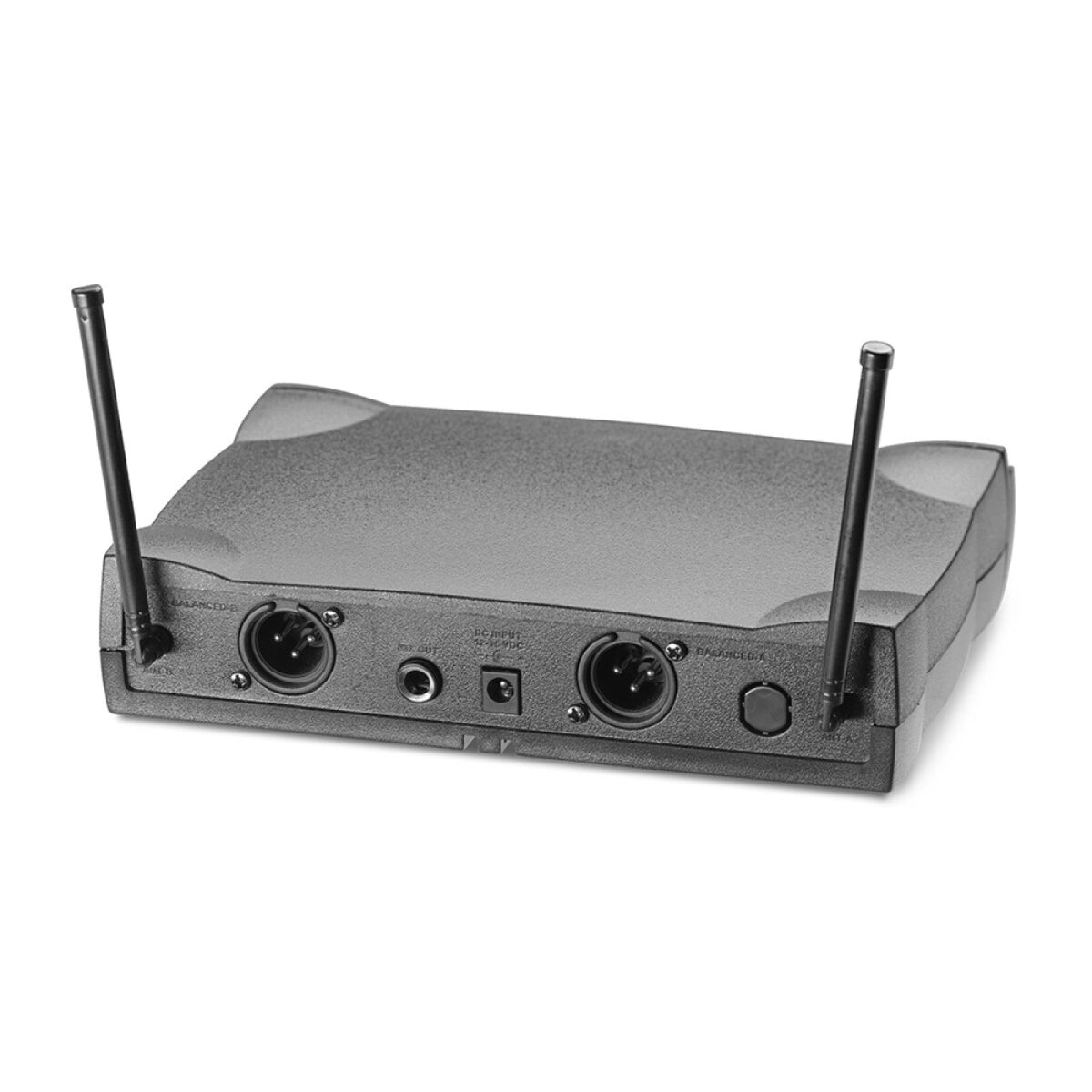 Rear of the Stagg SUW 50 HH EG US 2-channel receiver showing the two antennas, XLR outputs and power input